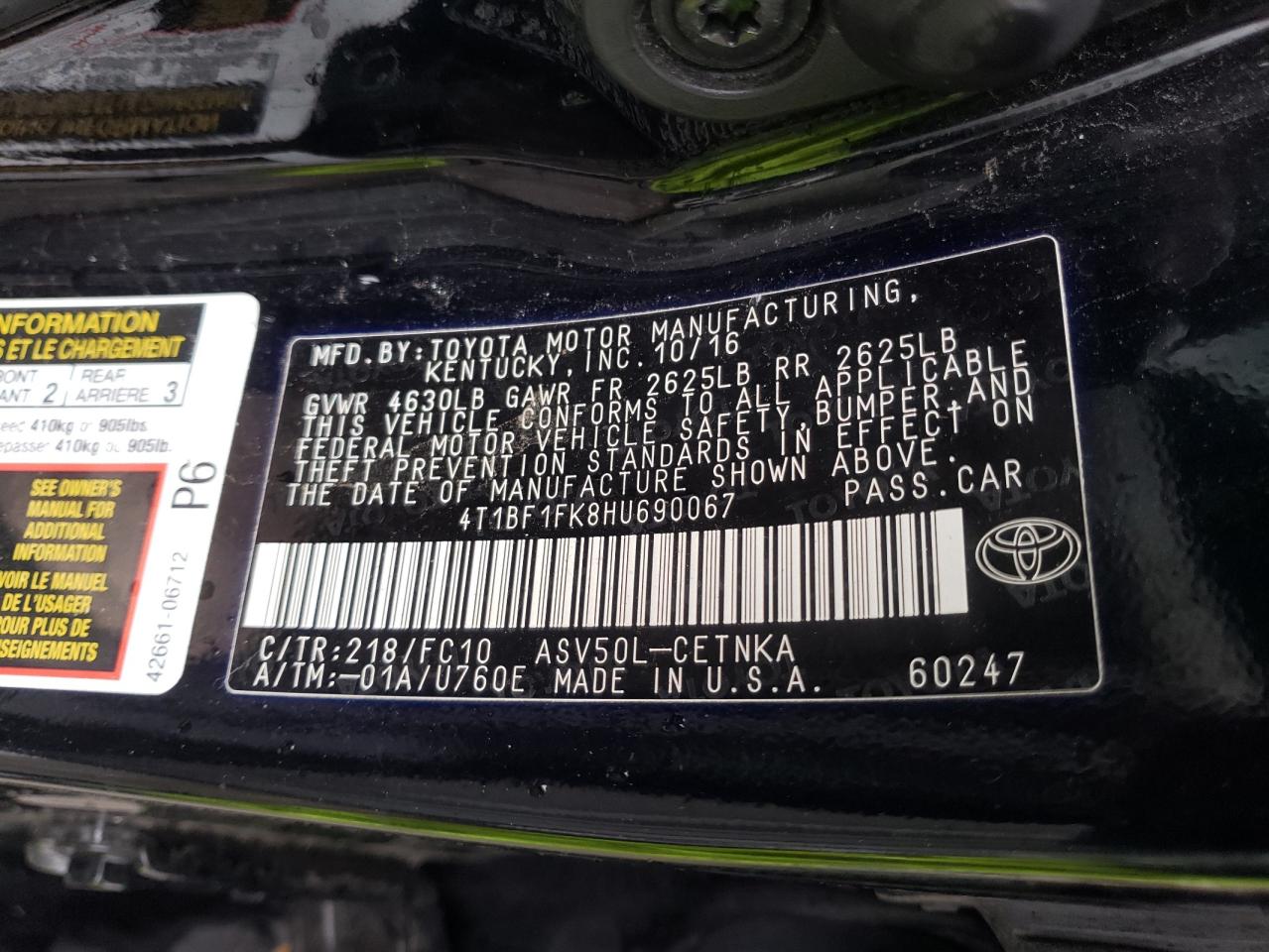 Photo 10 from auction – 2017 TOYOTA CAMRY LE with VIN 4T1BF1FK8HU690067