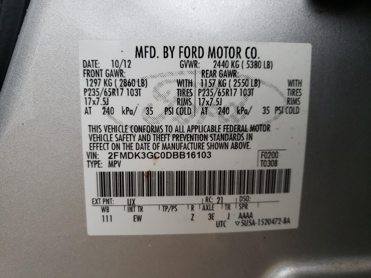 Photo 10 from auction – 2013 FORD EDGE SE with VIN 2FMDK3GC0DBB16103