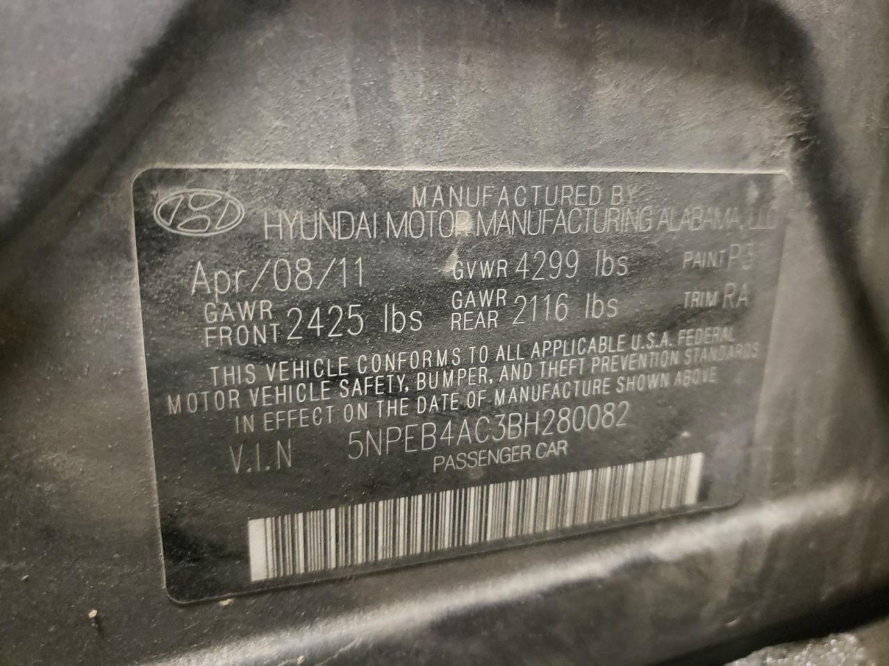 Photo 10 from auction – 2011 HYUNDAI SONATA GLS with VIN 5NPEB4AC3BH280082