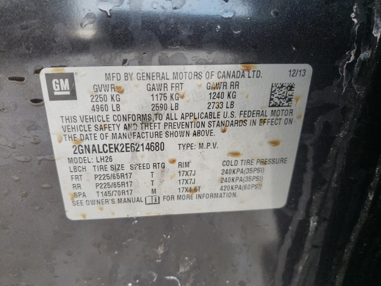 Photo 10 from auction – 2014 CHEVROLET EQUINOX LT with VIN 2GNALCEK2E6214680