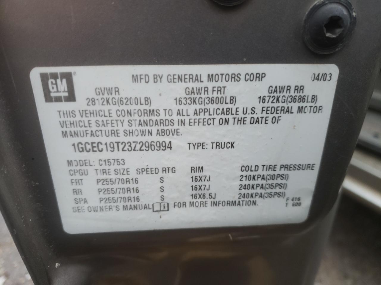 Photo 10 from auction – 2003 CHEVROLET SILVERADO with VIN 1GCEC19T23Z296994