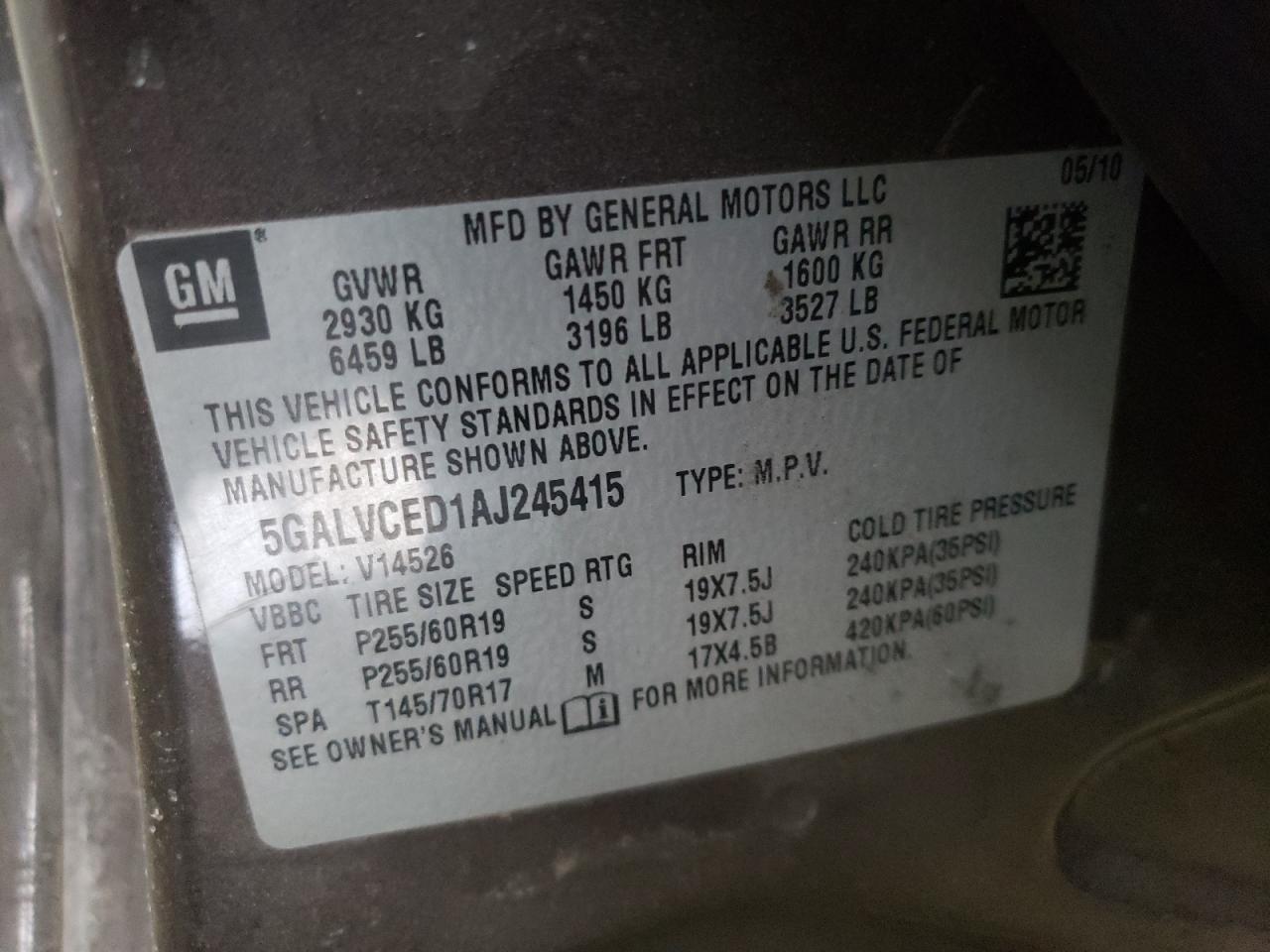 Photo 10 from auction – 2010 BUICK ENCLAVE with VIN 5GALVCED1AJ245415