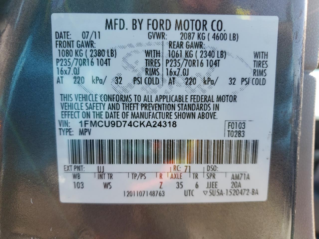Photo 10 from auction – 2012 FORD ESCAPE XLT with VIN 1FMCU9D74CKA24318