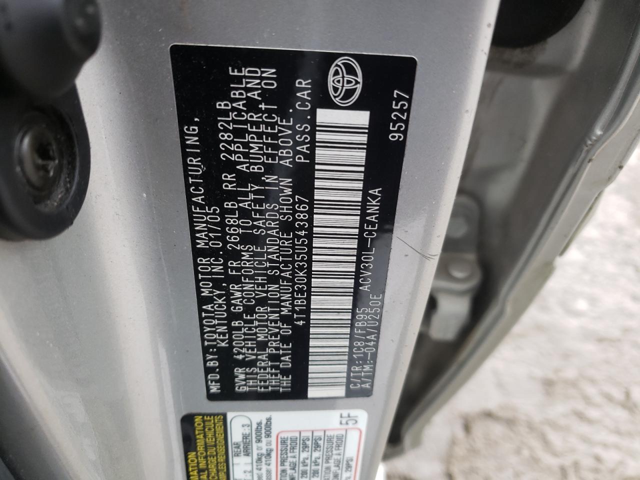 Photo 10 from auction – 2005 TOYOTA CAMRY LE with VIN 4T1BE30K35U543867
