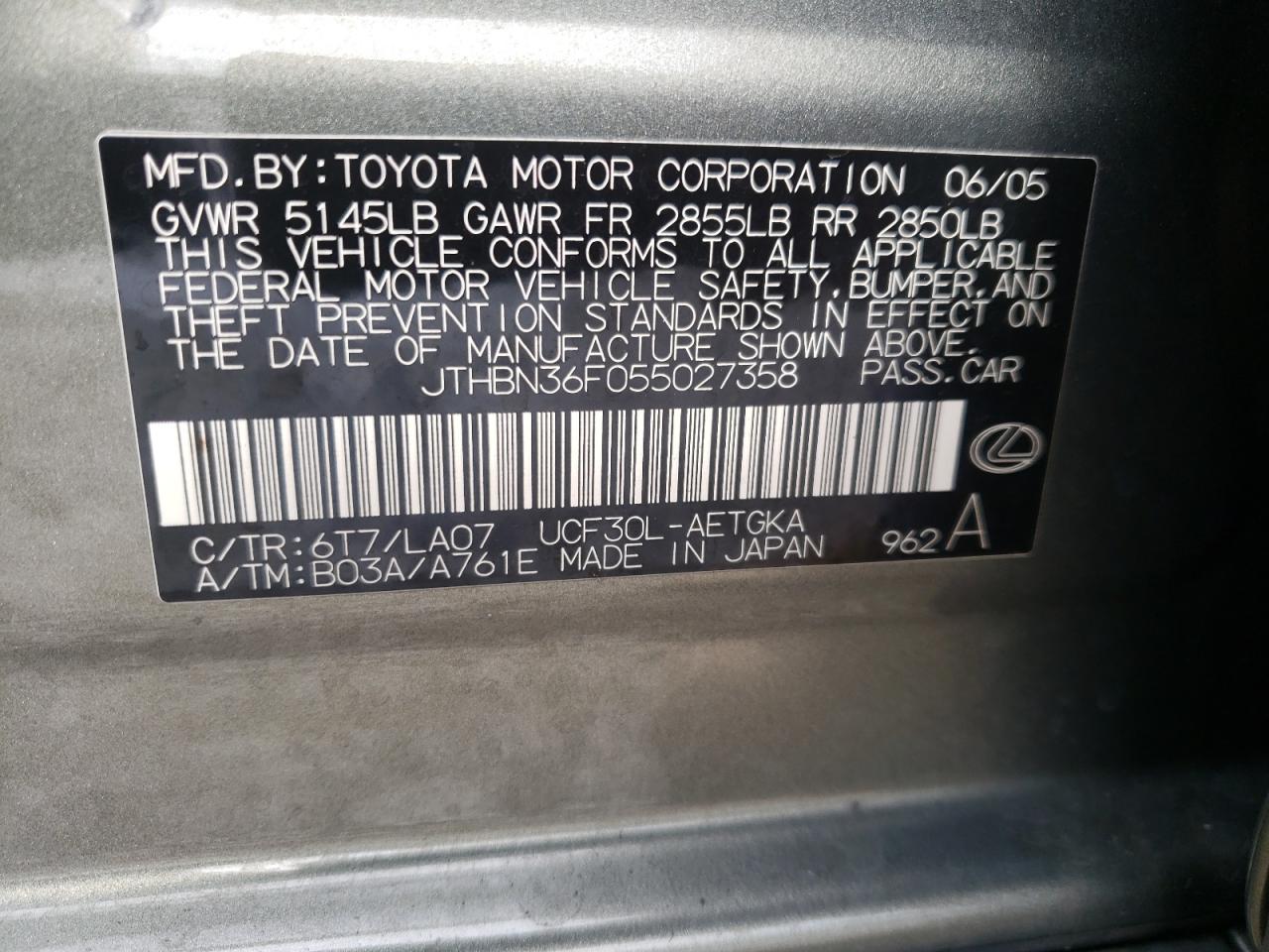 Photo 10 from auction – 2005 LEXUS LS 430 with VIN JTHBN36F055027358
