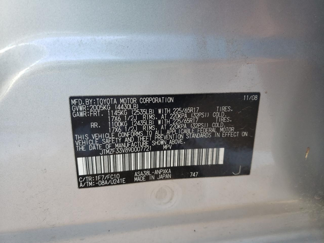 Photo 10 from auction – 2009 TOYOTA RAV4 with VIN JTMZF33V89D007721