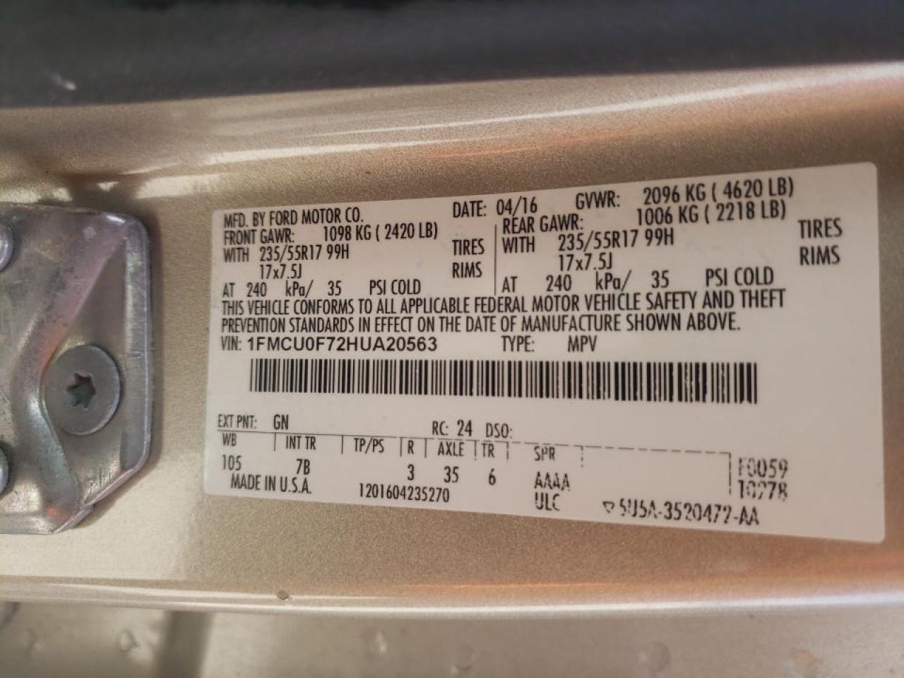 Photo 10 from auction – 2017 FORD ESCAPE S with VIN 1FMCU0F72HUA20563