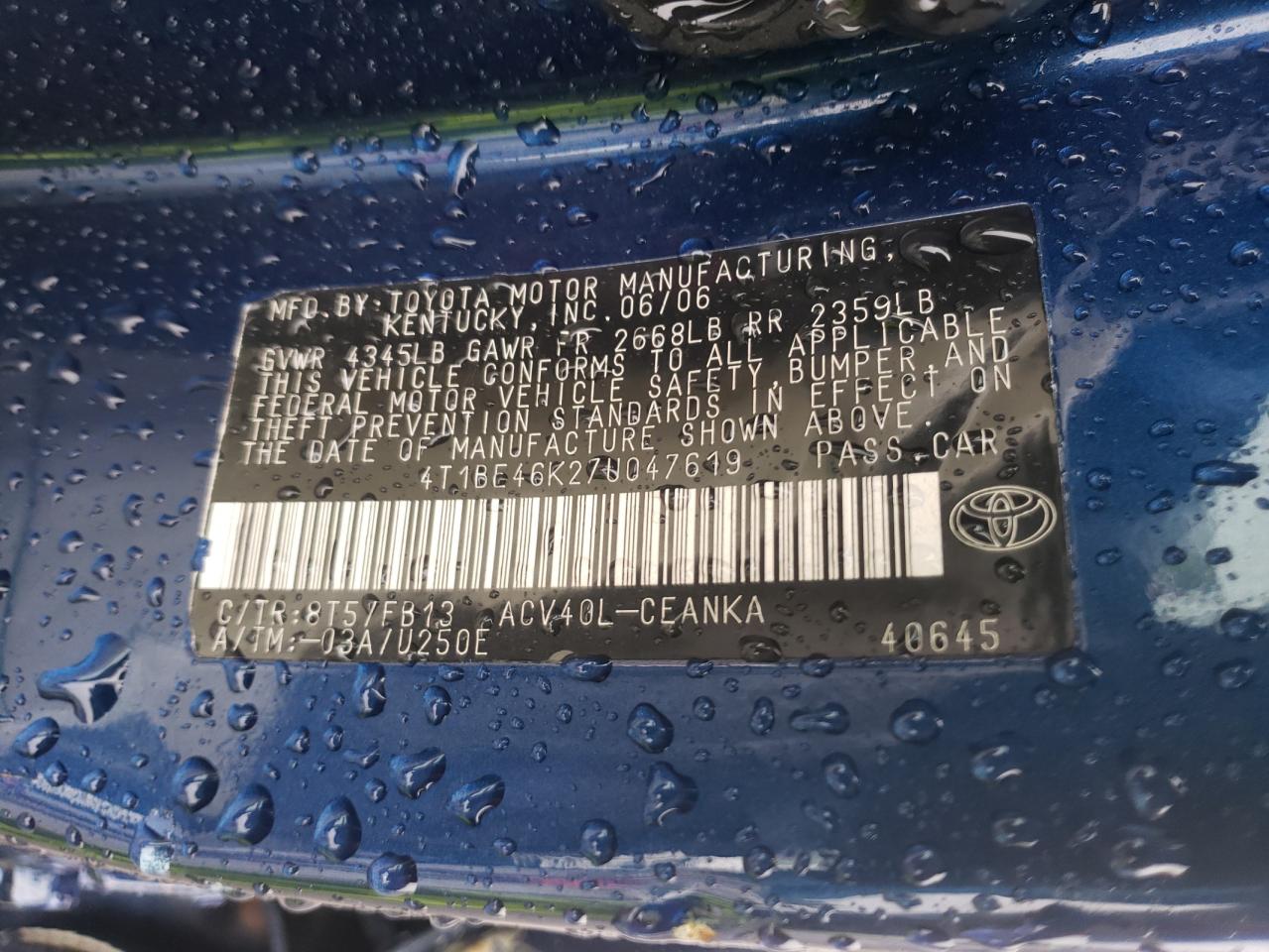 Photo 10 from auction – 2007 TOYOTA CAMRY CE with VIN 4T1BE46K27U047619