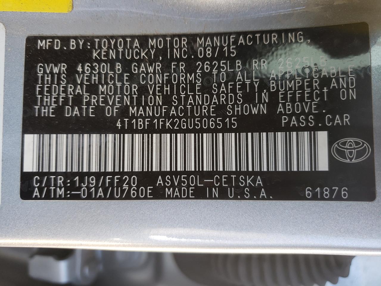Photo 10 from auction – 2016 TOYOTA CAMRY LE with VIN 4T1BF1FK2GU506515