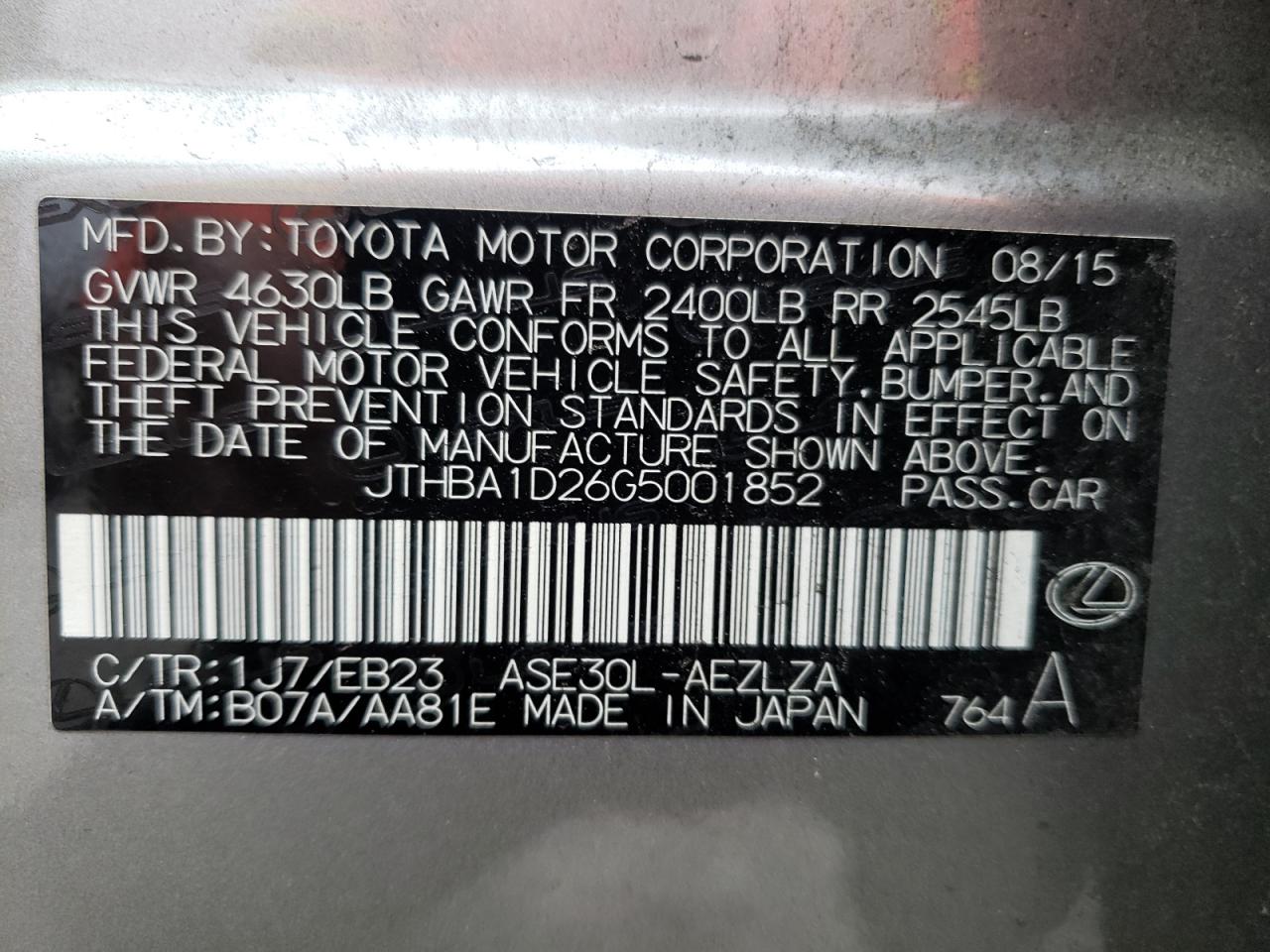 Photo 10 from auction – 2016 LEXUS IS 200T with VIN JTHBA1D26G5001852