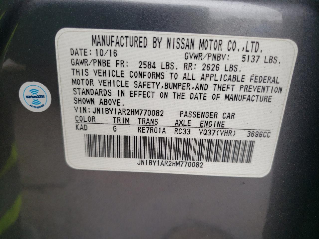 Photo 10 from auction – 2017 INFINITI Q70 3.7 with VIN JN1BY1AR2HM770082