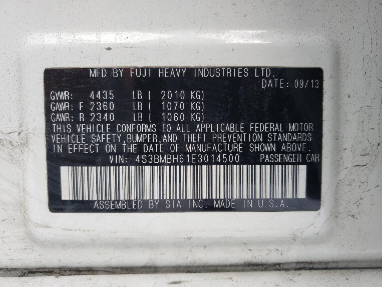 Photo 10 from auction – 2014 SUBARU LEGACY 2.5 with VIN 4S3BMBH61E3014500