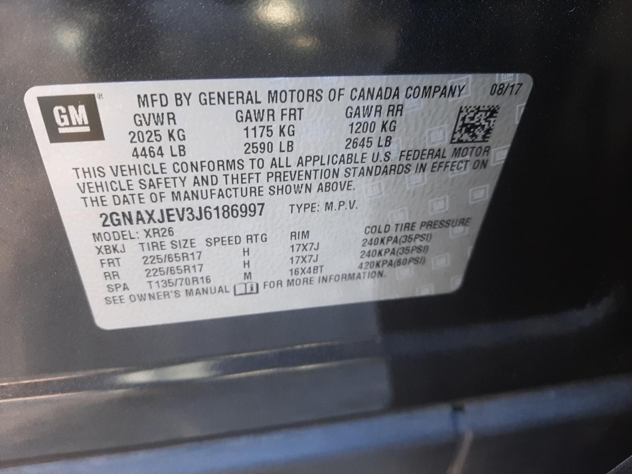 Photo 10 from auction – 2018 CHEVROLET EQUINOX LT with VIN 2GNAXJEV3J6186997