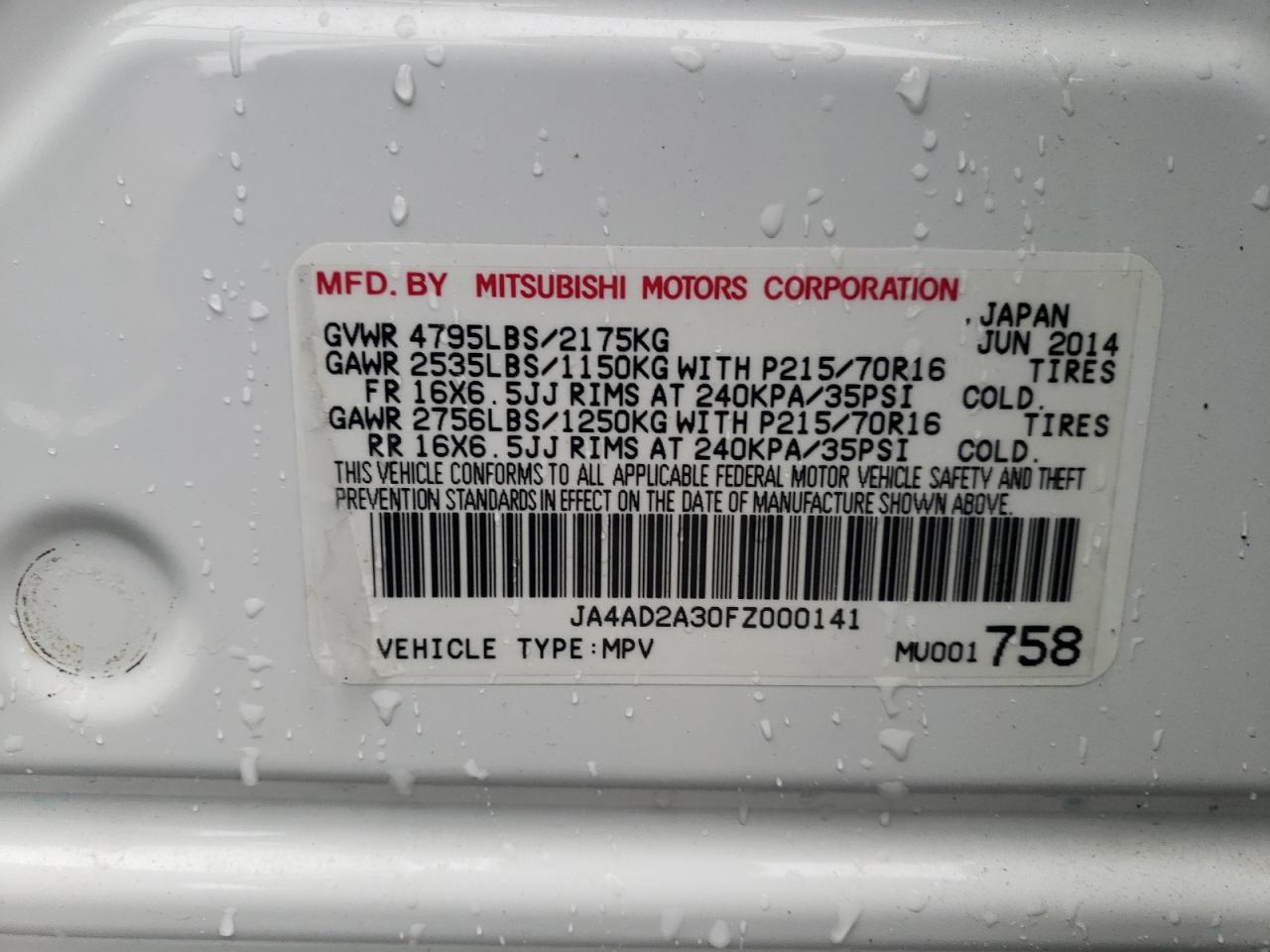 Photo 10 from auction – 2015 MITSUBISHI OUTLANDER with VIN JA4AD2A30FZ000141
