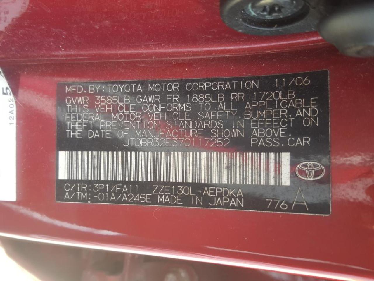 Zdjęcie 10 z aukcji – 2007 TOYOTA COROLLA CE z VIN JTDBR32E370117252