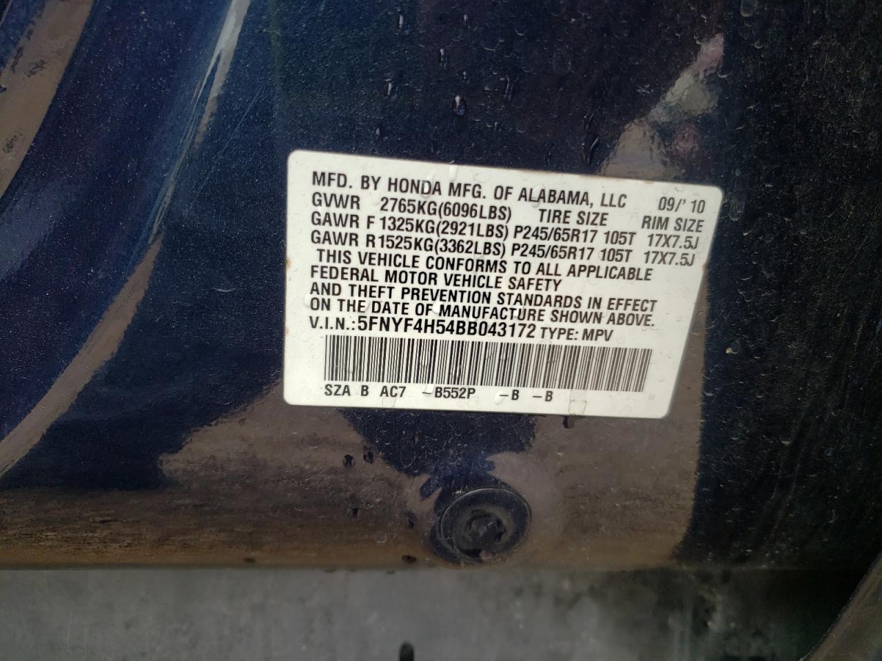 Photo 10 from auction – 2011 HONDA PILOT EXL with VIN 5FNYF4H54BB043172