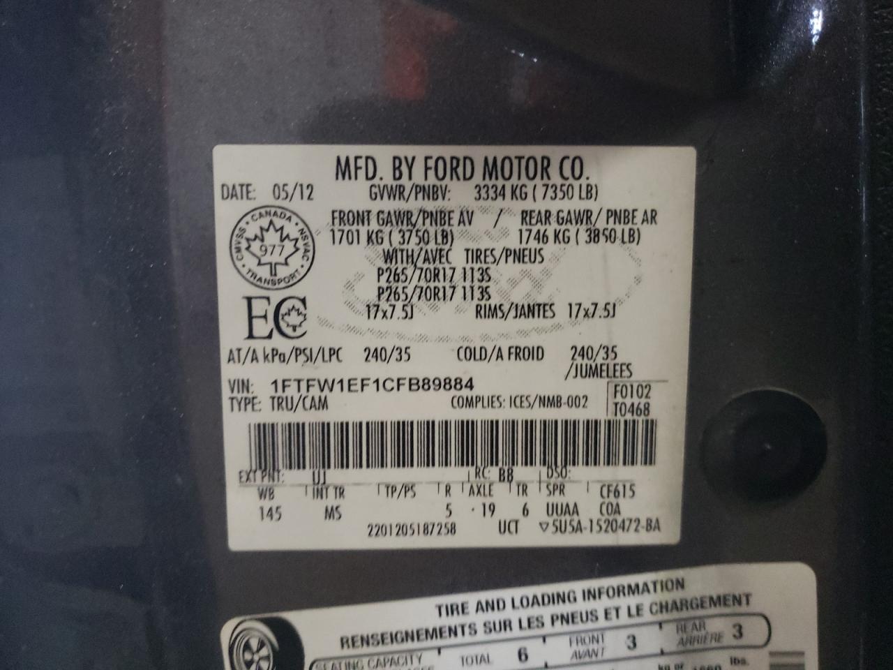 Photo 10 from auction – 2012 FORD F150 SUPER with VIN 1FTFW1EF1CFB89884