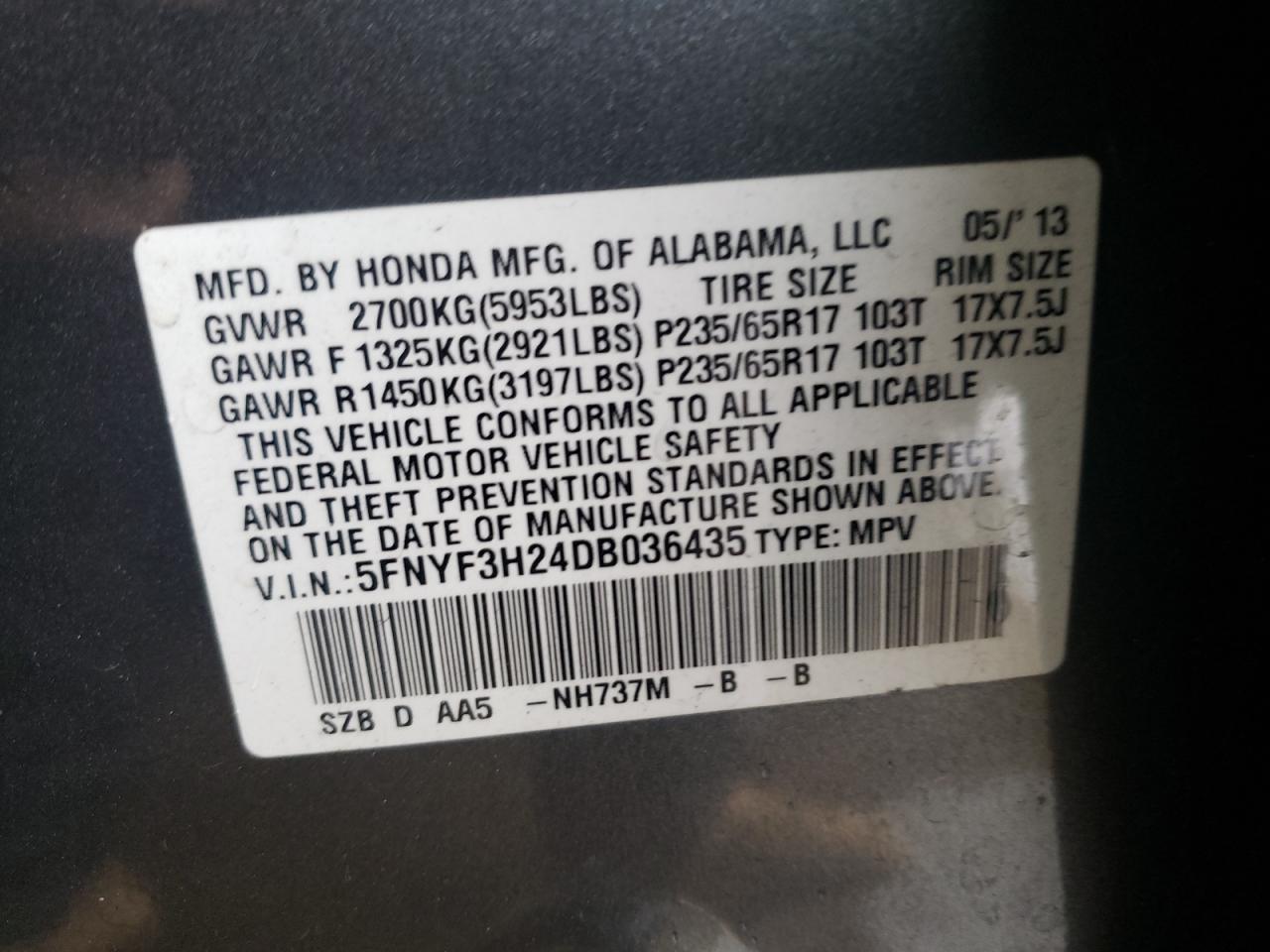 Photo 10 from auction – 2013 HONDA PILOT LX with VIN 5FNYF3H24DB036435