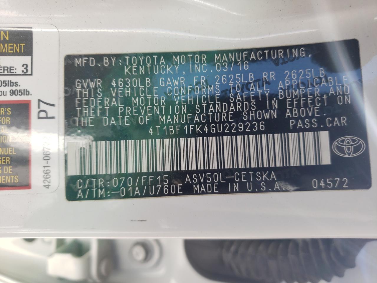 Photo 10 from auction – 2016 TOYOTA CAMRY LE with VIN 4T1BF1FK4GU229236