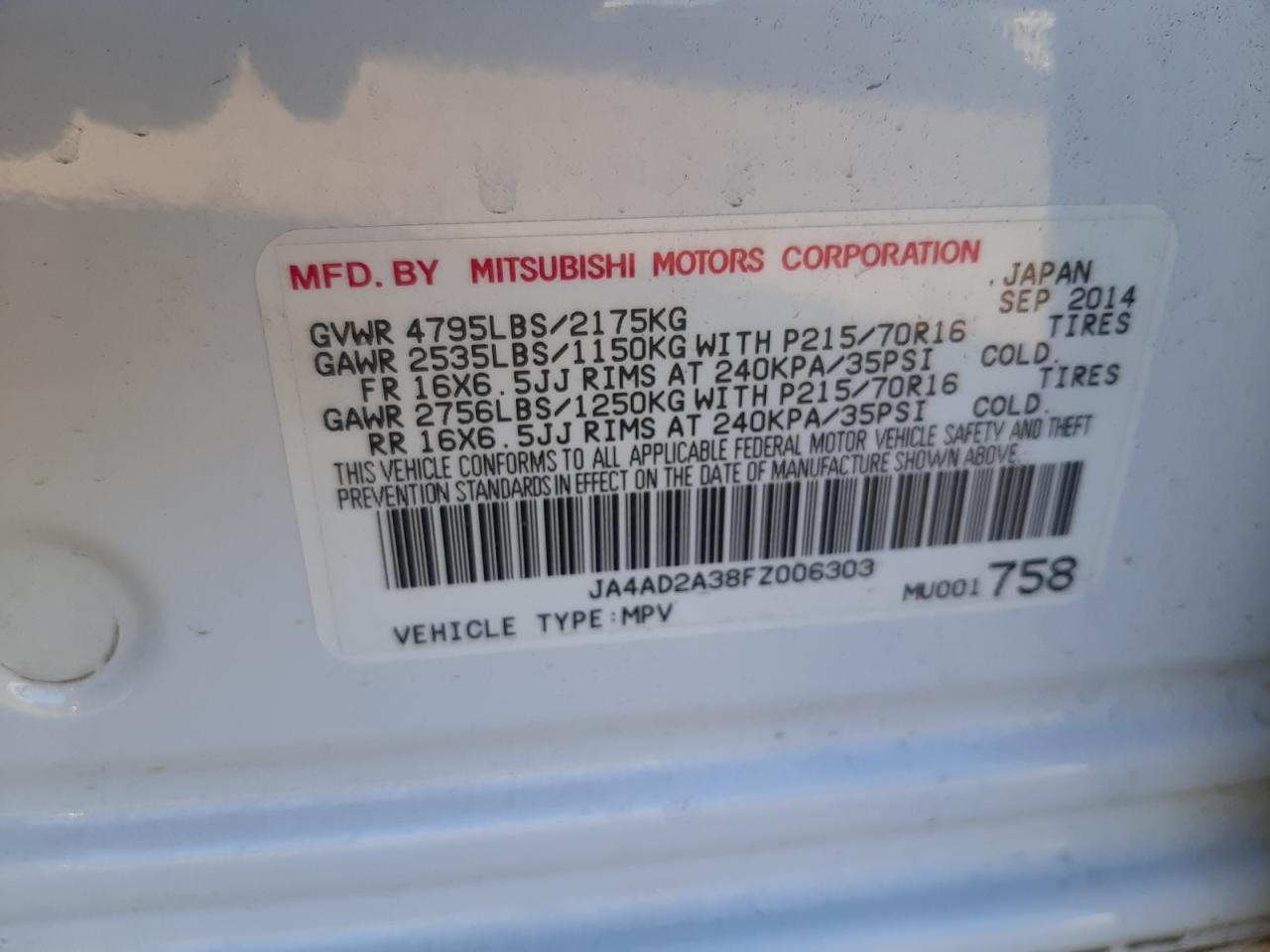 Photo 10 from auction – 2015 MITSUBISHI OUTLANDER with VIN JA4AD2A38FZ006303