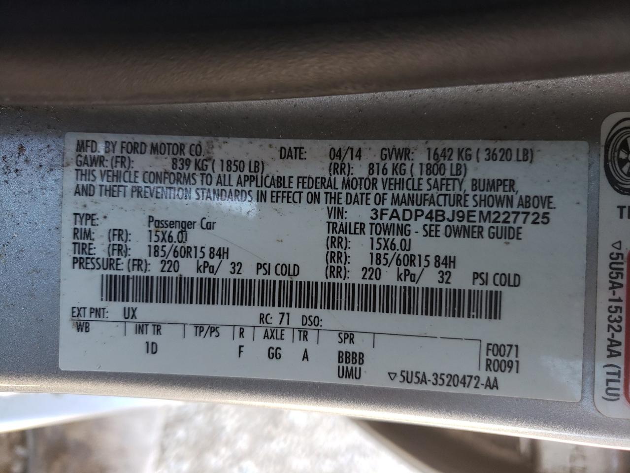 Photo 10 from auction – 2014 FORD FIESTA SE with VIN 3FADP4BJ9EM227725
