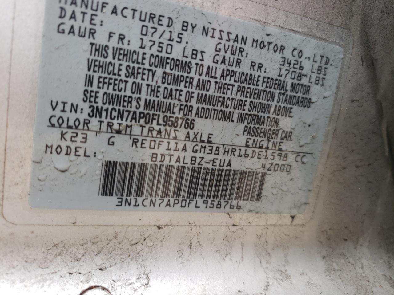 Photo 10 from auction – 2015 NISSAN VERSA S with VIN 3N1CN7AP0FL958766