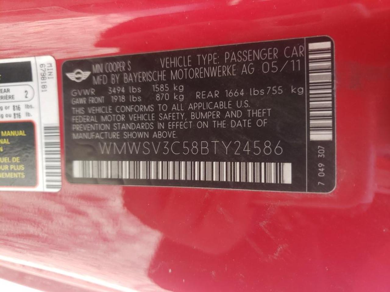 Photo 10 from auction – 2011 MINI COOPER S with VIN WMWSV3C58BTY24586