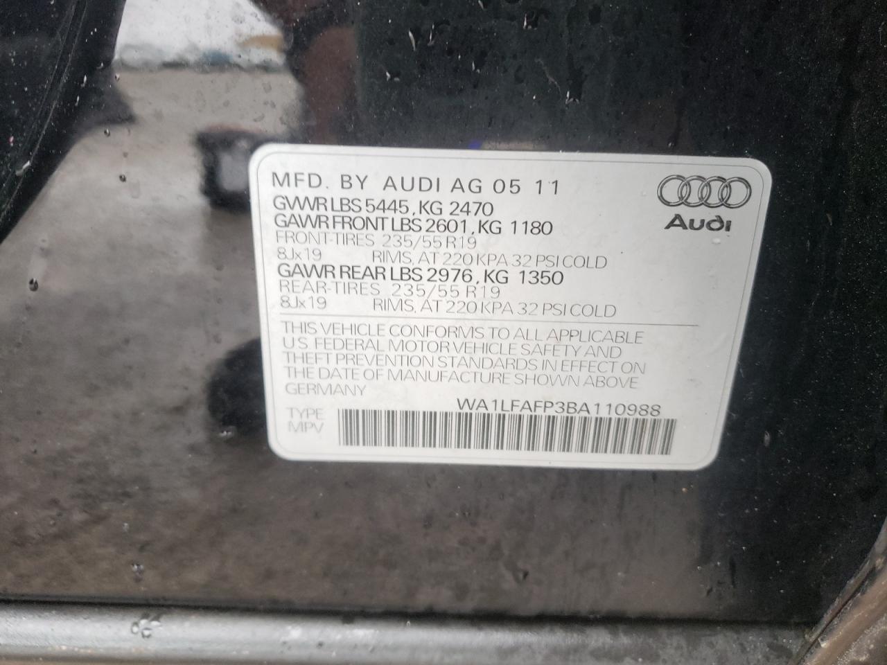 Photo 10 from auction – 2011 AUDI Q5 PREMIUM with VIN WA1LFAFP3BA110988