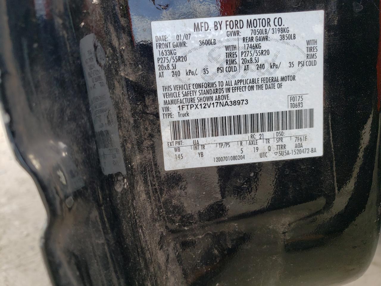 Photo 10 from auction – 2007 FORD F150 with VIN 1FTPX12V17NA38973