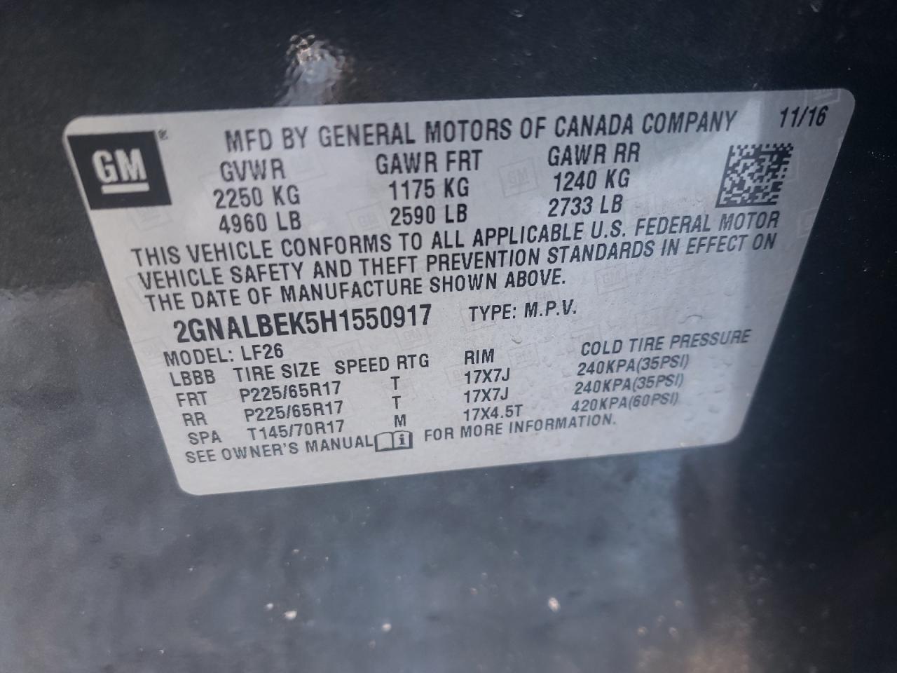 Photo 10 from auction – 2017 CHEVROLET EQUINOX LS with VIN 2GNALBEK5H1550917
