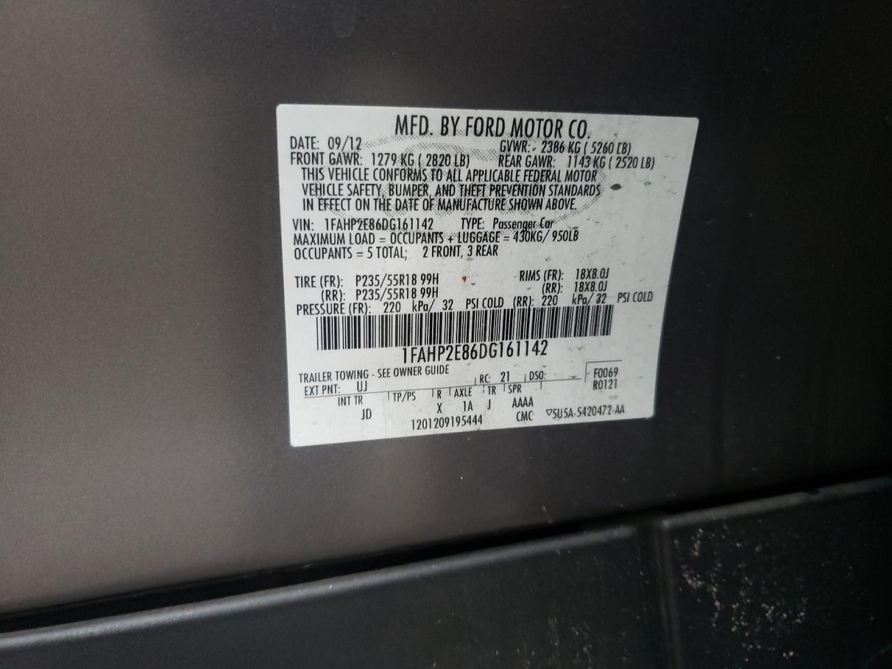 Photo 10 from auction – 2013 FORD TAURUS SEL with VIN 1FAHP2E86DG161142