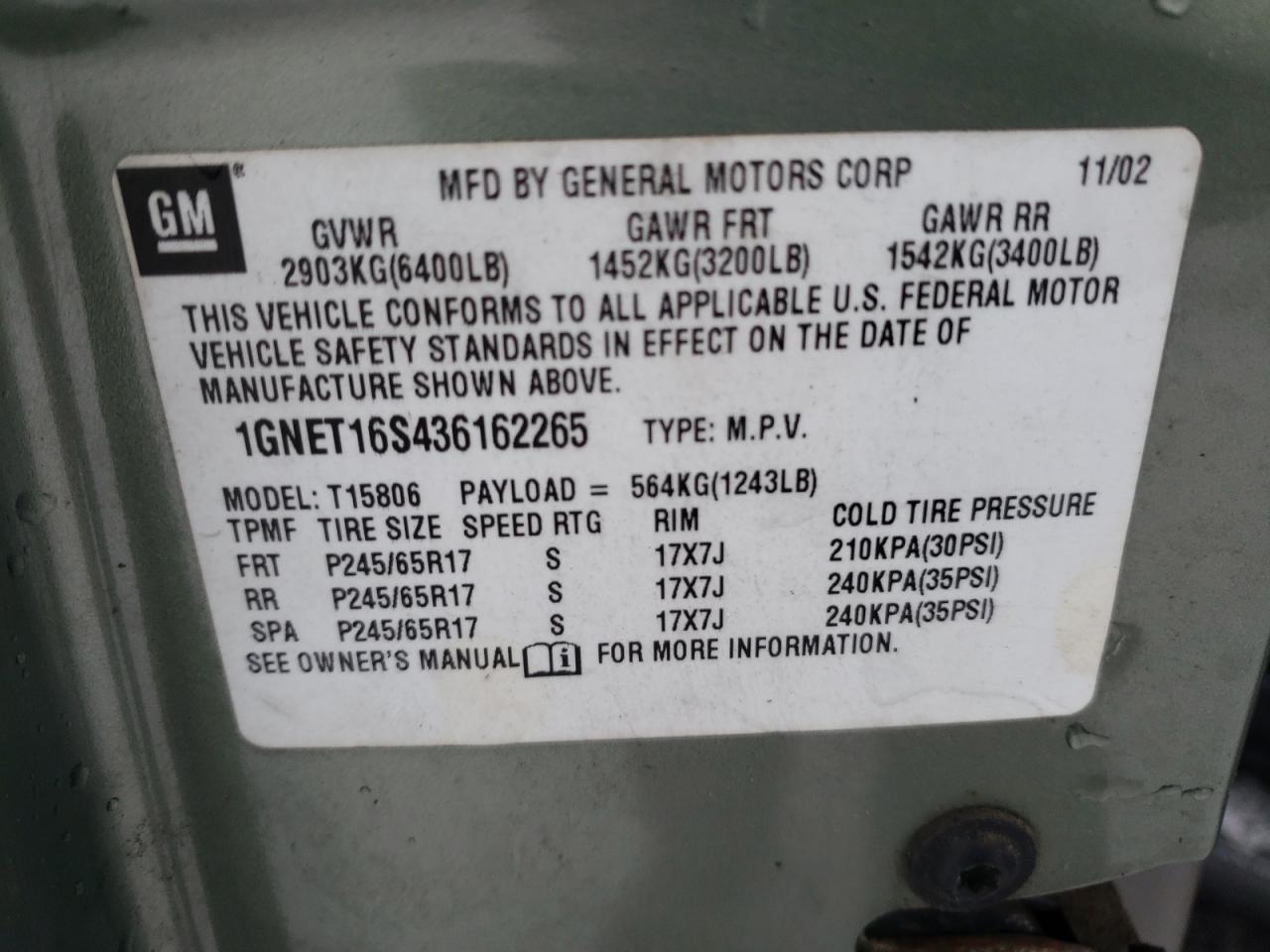 Photo 10 from auction – 2003 CHEVROLET TRAILBLAZE with VIN 1GNET16S436162265