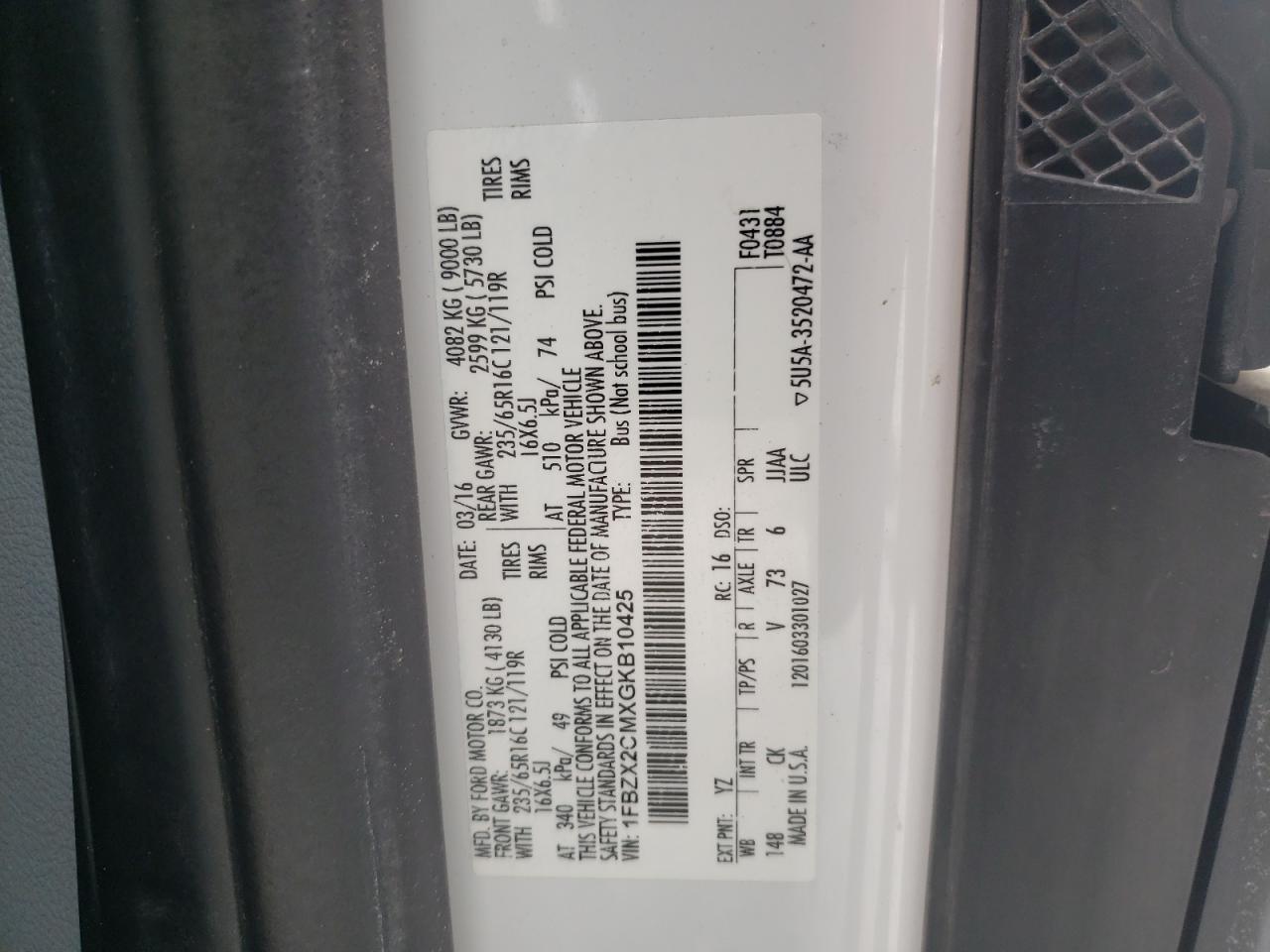Photo 10 from auction – 2016 FORD TRANSIT T- with VIN 1FBZX2CMXGKB10425