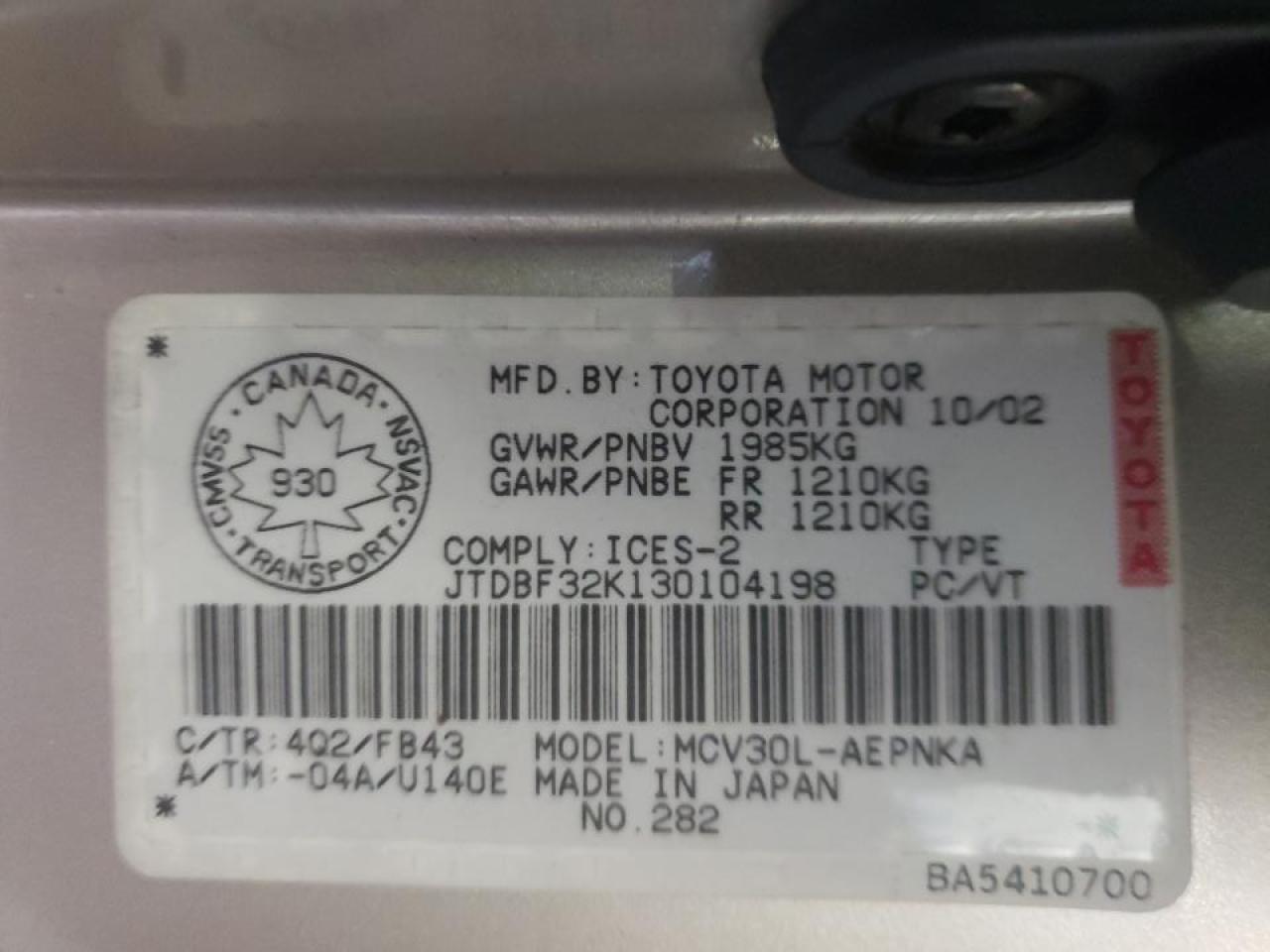 Photo 10 from auction – 2003 TOYOTA CAMRAY with VIN JTDBF32K130104198