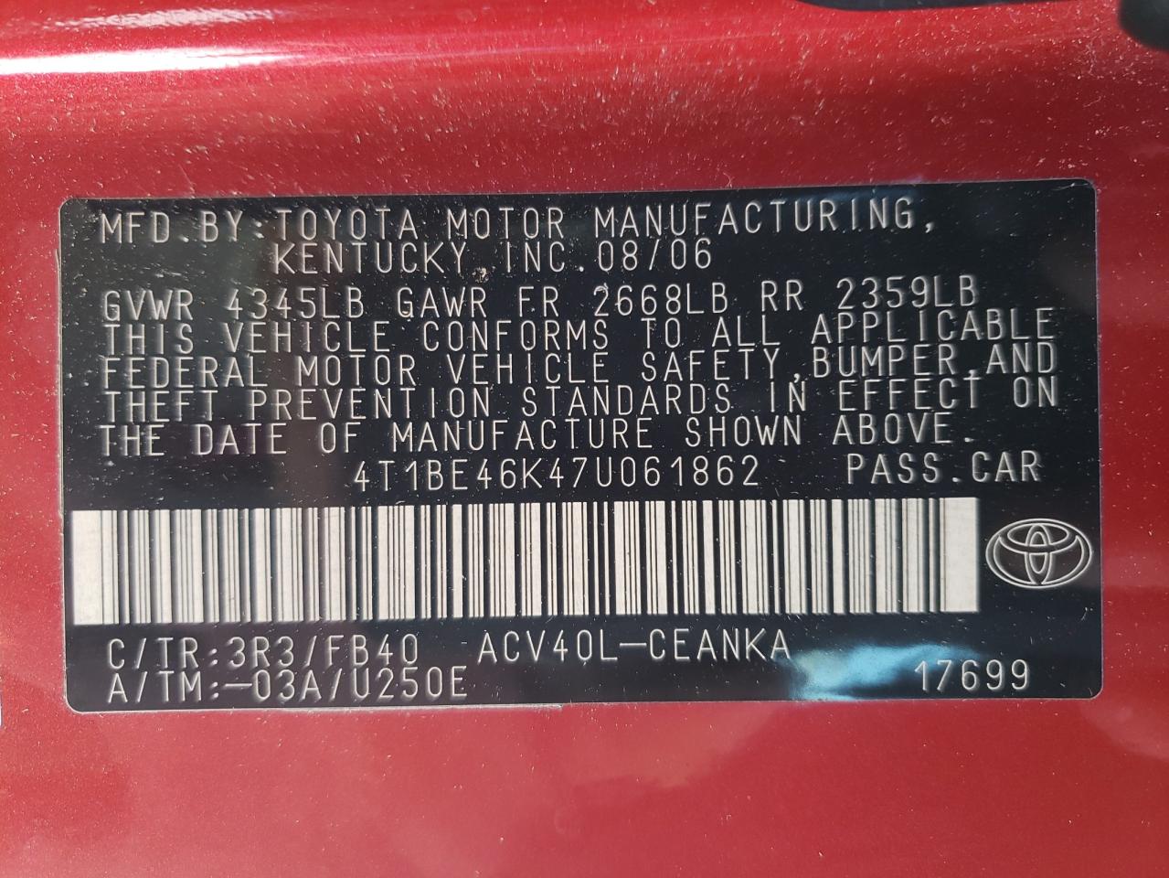 Photo 10 from auction – 2007 TOYOTA CAMRY CE with VIN 4T1BE46K47U061862