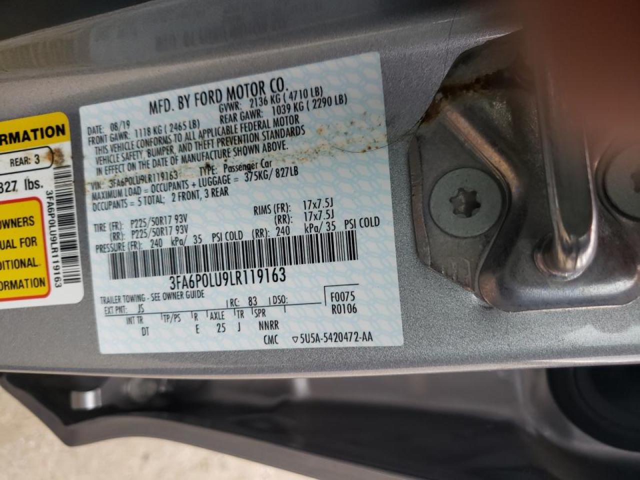 Photo 10 from auction – 2020 FORD FUSION SE with VIN 3FA6P0LU9LR119163