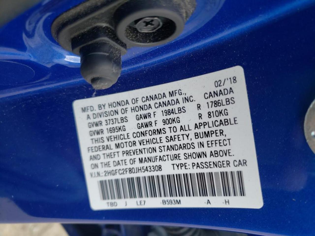 Photo 10 from auction – 2018 HONDA CIVIC EX with VIN 2HGFC2F80JH543308