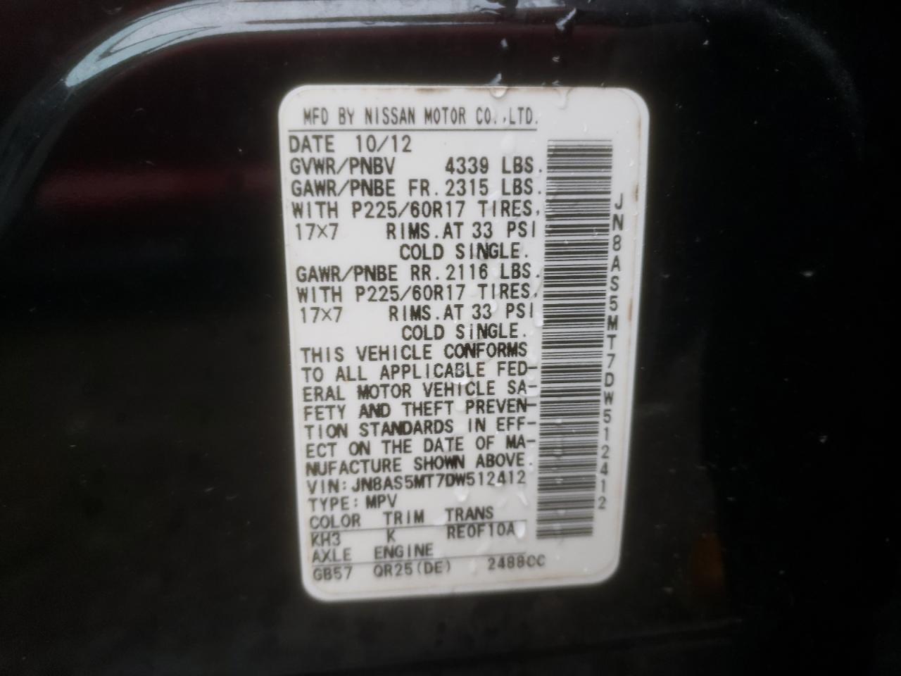Photo 10 from auction – 2013 NISSAN ROGUE S with VIN JN8AS5MT7DW512412