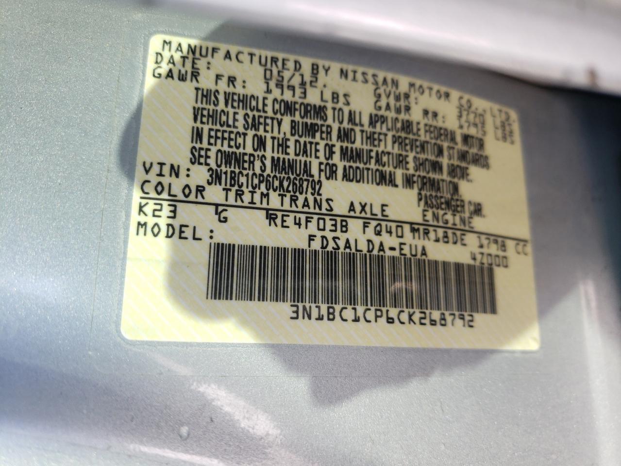 Photo 10 from auction – 2012 NISSAN VERSA S with VIN 3N1BC1CP6CK268792