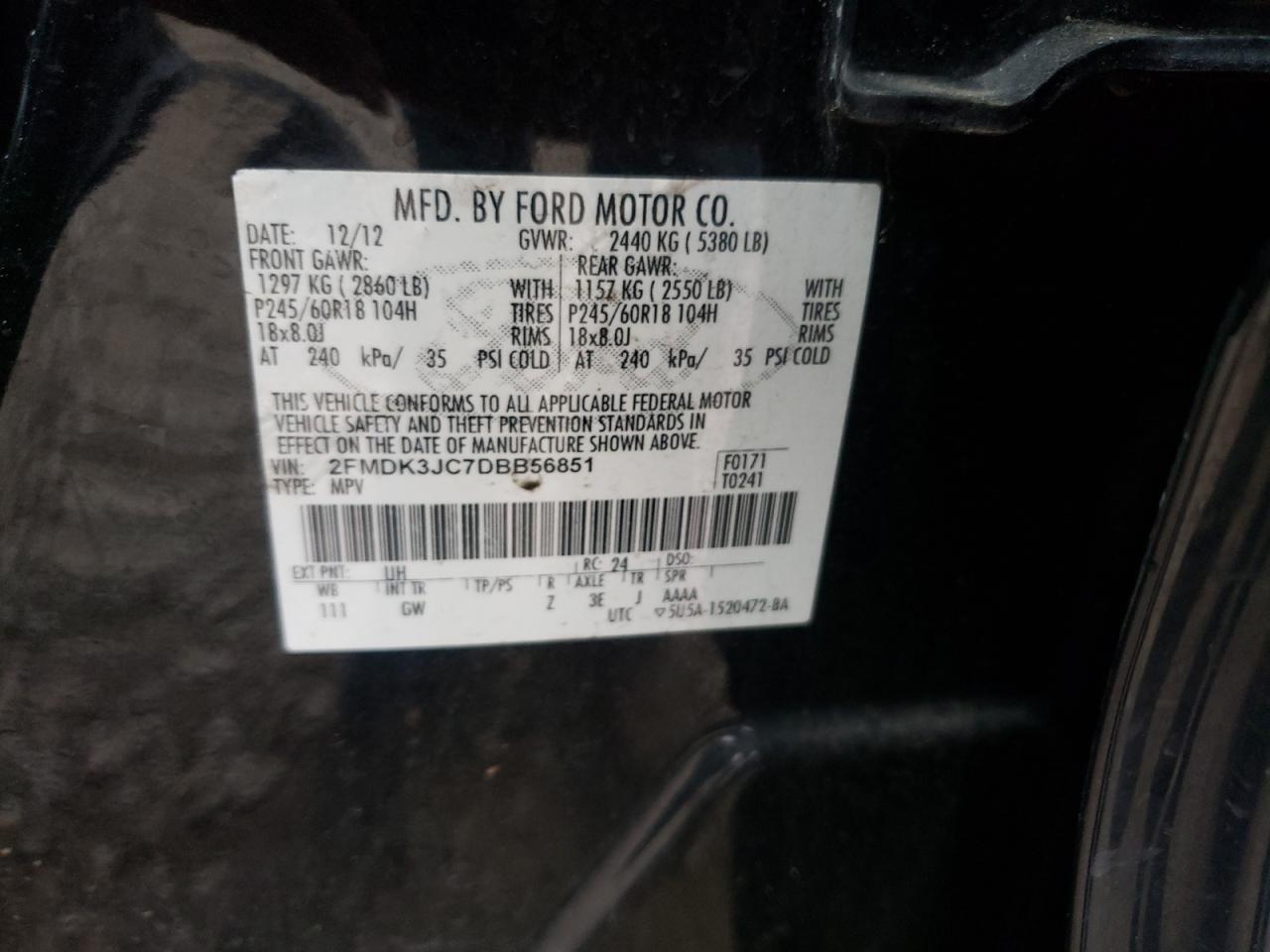 Photo 10 from auction – 2013 FORD EDGE SEL with VIN 2FMDK3JC7DBB56851