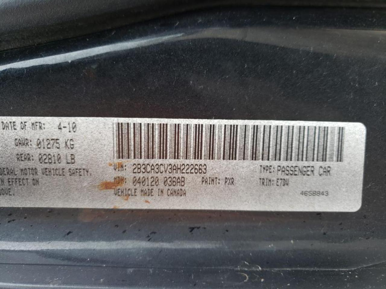 Photo 10 from auction – 2010 DODGE CHARGER SX with VIN 2B3CA3CV3AH222663
