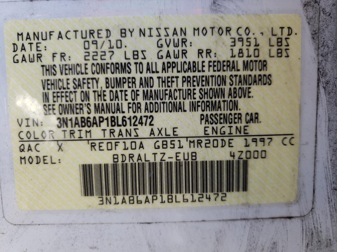 Photo 10 from auction – 2011 NISSAN SENTRA 2.0 with VIN 3N1AB6AP1BL612472
