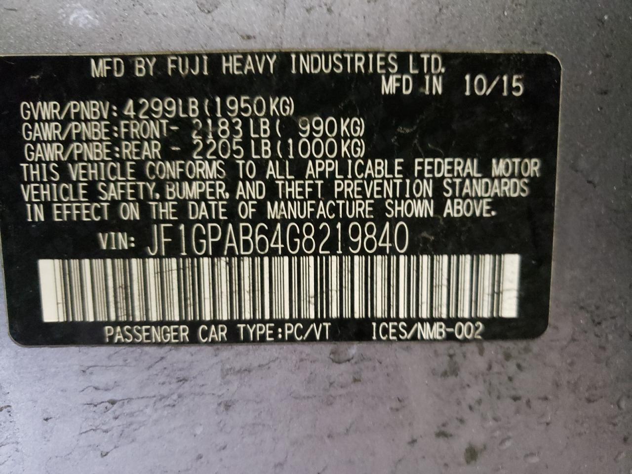 Photo 10 from auction – 2016 SUBARU IMPREZA PR with VIN JF1GPAB64G8219840