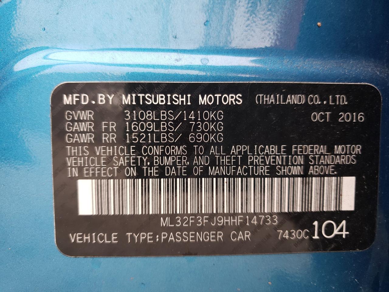 Photo 10 from auction – 2017 MITSUBISHI MIRAGE G4 with VIN ML32F3FJ9HHF14733