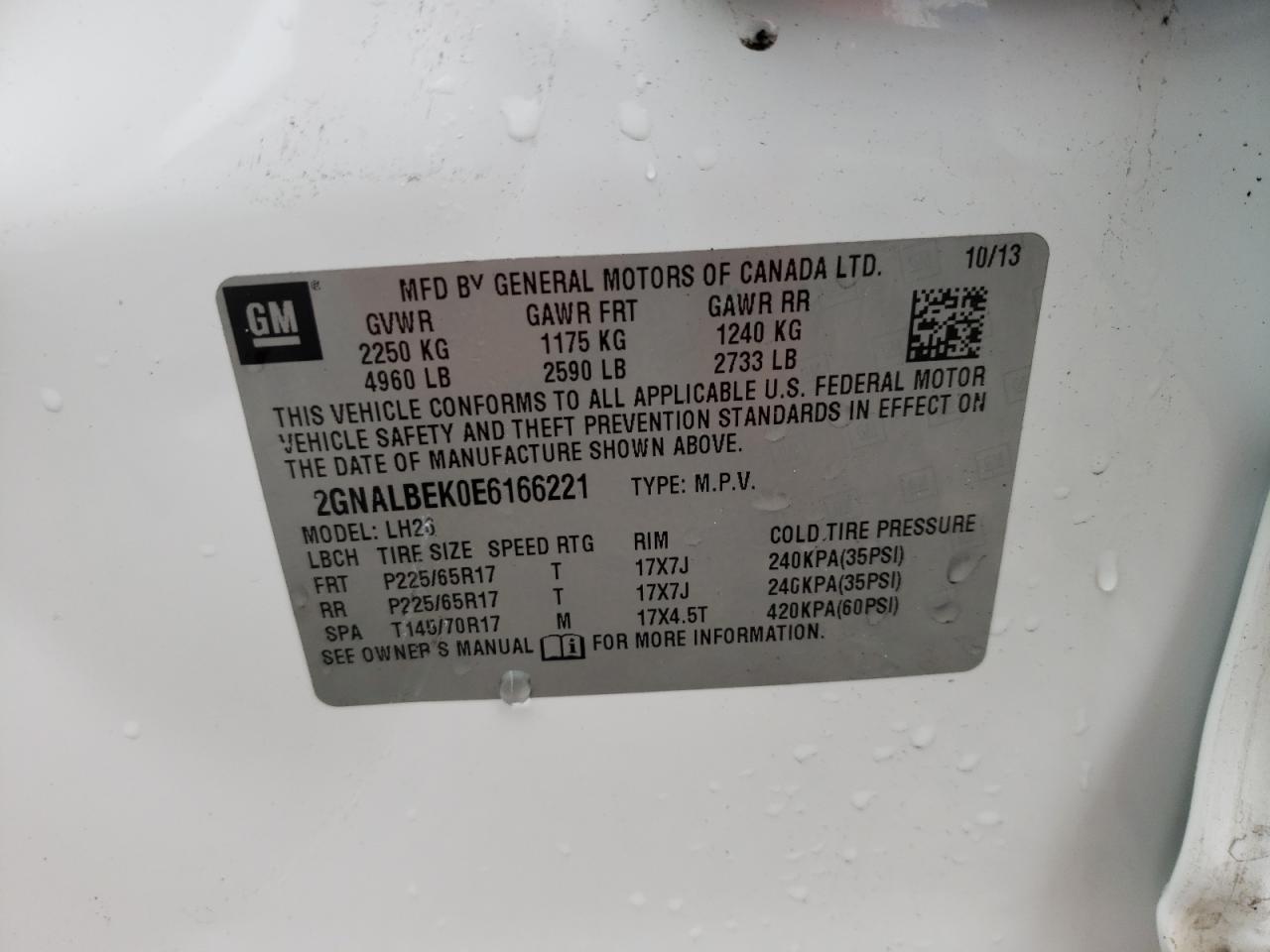 Photo 10 from auction – 2014 CHEVROLET EQUINOX LT with VIN 2GNALBEK0E6166221