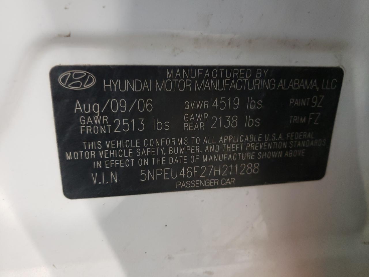 Photo 10 from auction – 2007 HYUNDAI SONATA SE with VIN 5NPEU46F27H211288