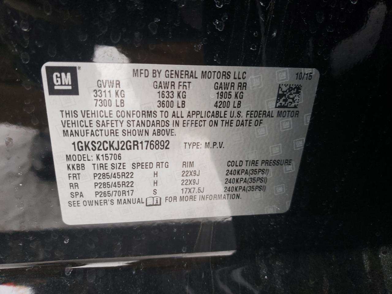 Photo 10 from auction – 2016 GMC YUKON DENA with VIN 1GKS2CKJ2GR176892