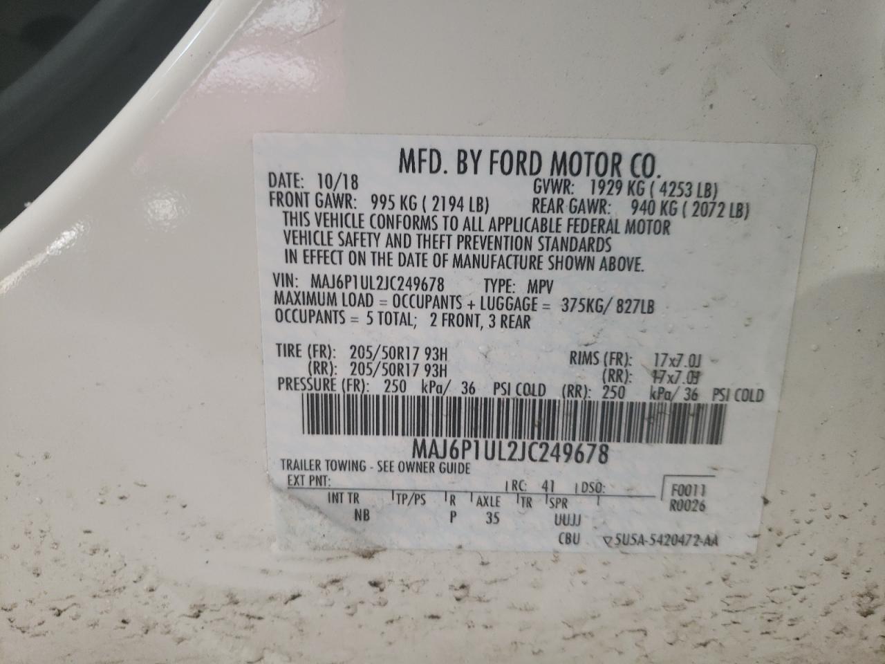 Photo 10 from auction – 2018 FORD ECOSPORT S with VIN MAJ6P1UL2JC249678