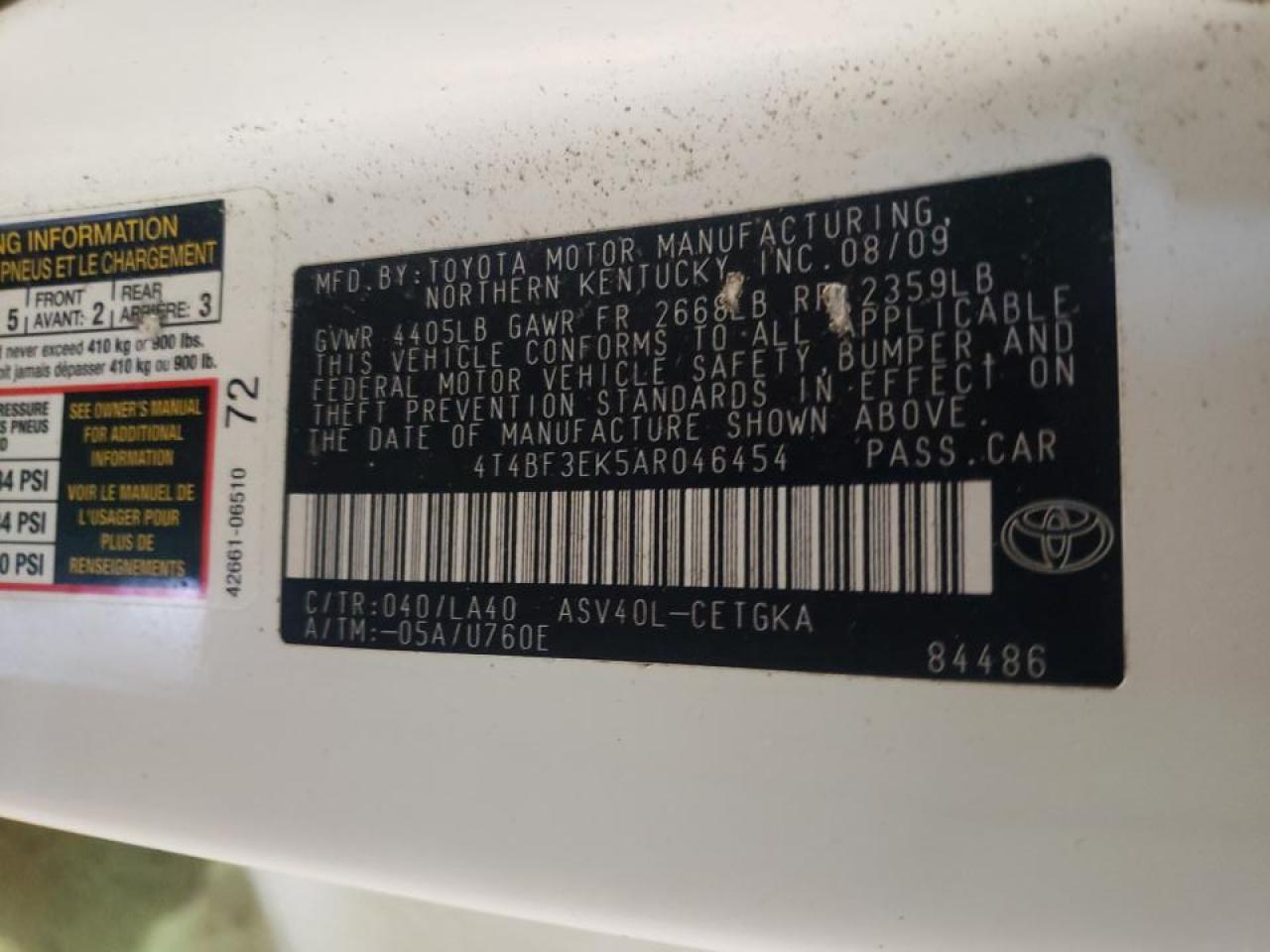 Photo 10 from auction – 2010 TOYOTA CAMRY BASE with VIN 4T4BF3EK5AR046454