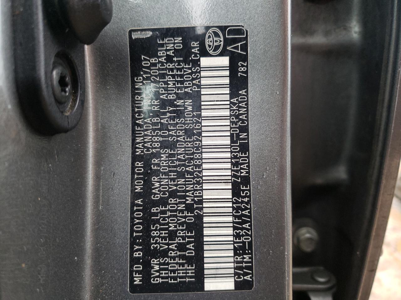 Photo 10 from auction – 2008 TOYOTA COROLLA CE with VIN 2T1BR32E88C921621